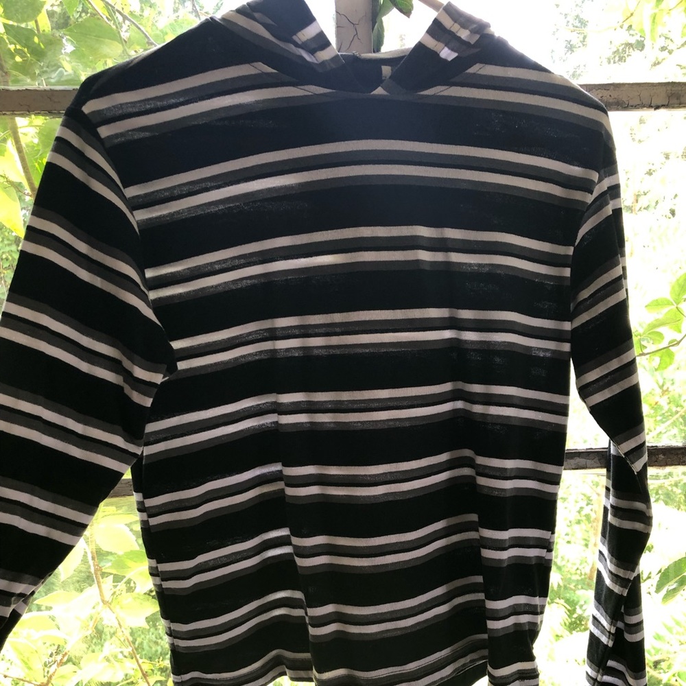 Black, grey and white striped hoodie